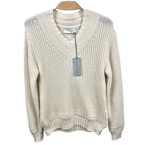 NEW Officine Generale Cream Gino V Neck Wool Blend Sweater Size L Made in Italy - Picture 5 of 8
